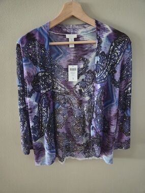 Chico's Abstract Paisley Jaiden Cardigan Open Front Purple Size 1 Medium